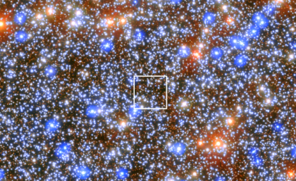 A new coloured ESA/Hubble image of Omega Centauri showing location of black hole. Credit: ESA/Hubble & NASA, M. Häberle (MPIA) 